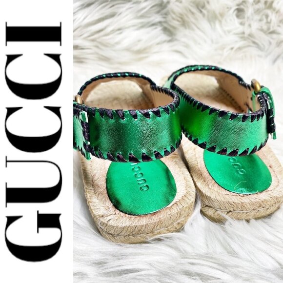 NWT GUCCI Nappa Silk Leather GG Logo Metallic Green Platform Espadrilles, 35 - Picture 9 of 14